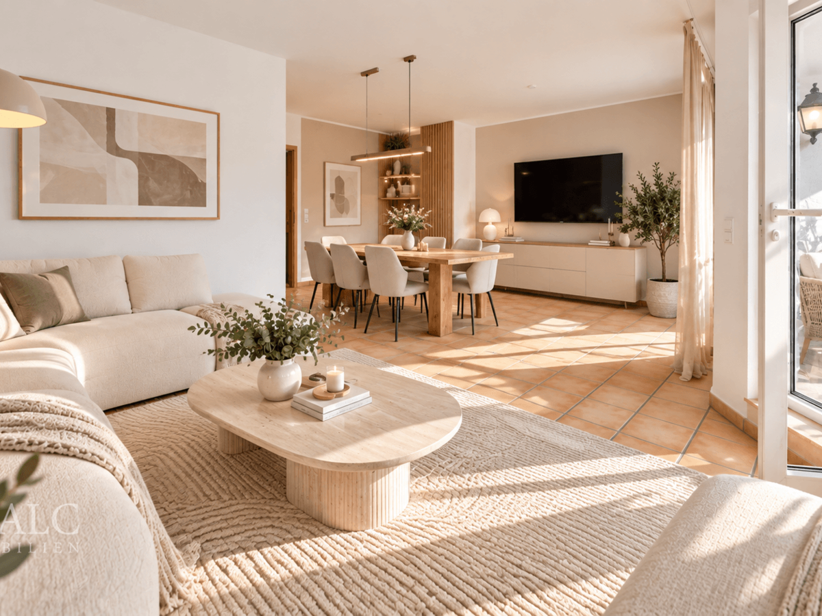 Helles skandinavisches Wohnzimmer mit Essbereich