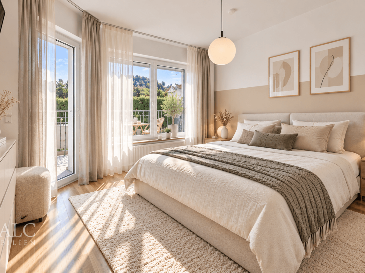 Helles skandinavisches Schlafzimmer mit Balkonblick